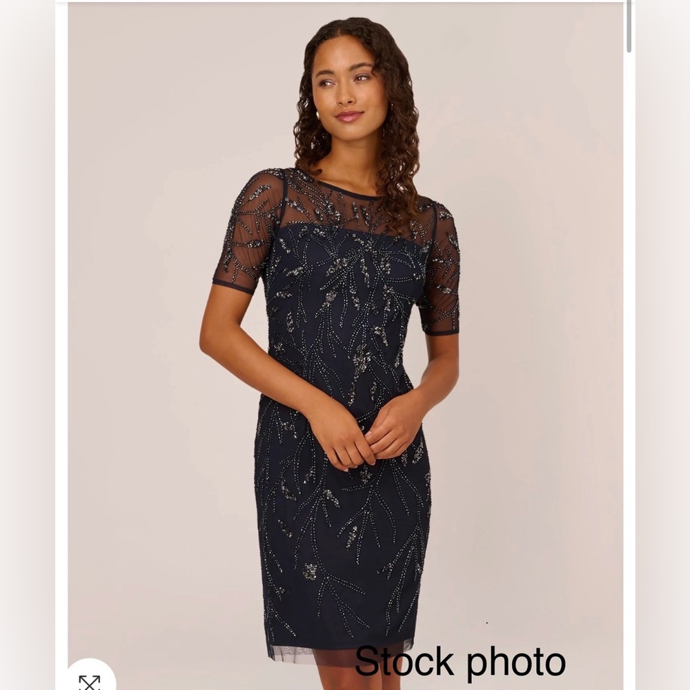 NWT Adrianna Papell Women's Beaded Midi Sheath  Dress Midnight Blue, Size 14